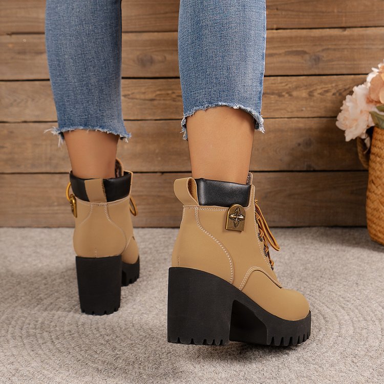 Damen Stiefel Ankle Boots Blockabsatz Schnürschuhe Elegant
