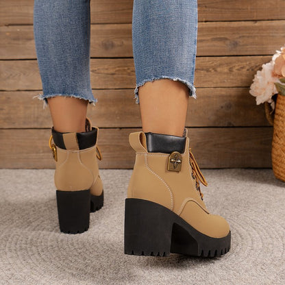 Damen Stiefel Ankle Boots Blockabsatz Schnürschuhe Elegant