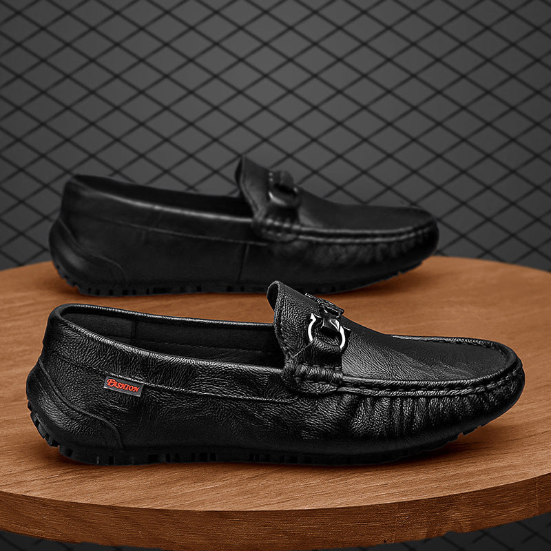 Damen Mokassins Leder Elegante Schnalle Schwarz