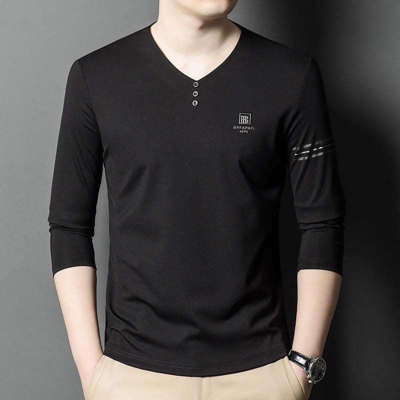 Herren Langarmshirt V-Ausschnitt Modern Knöpfe