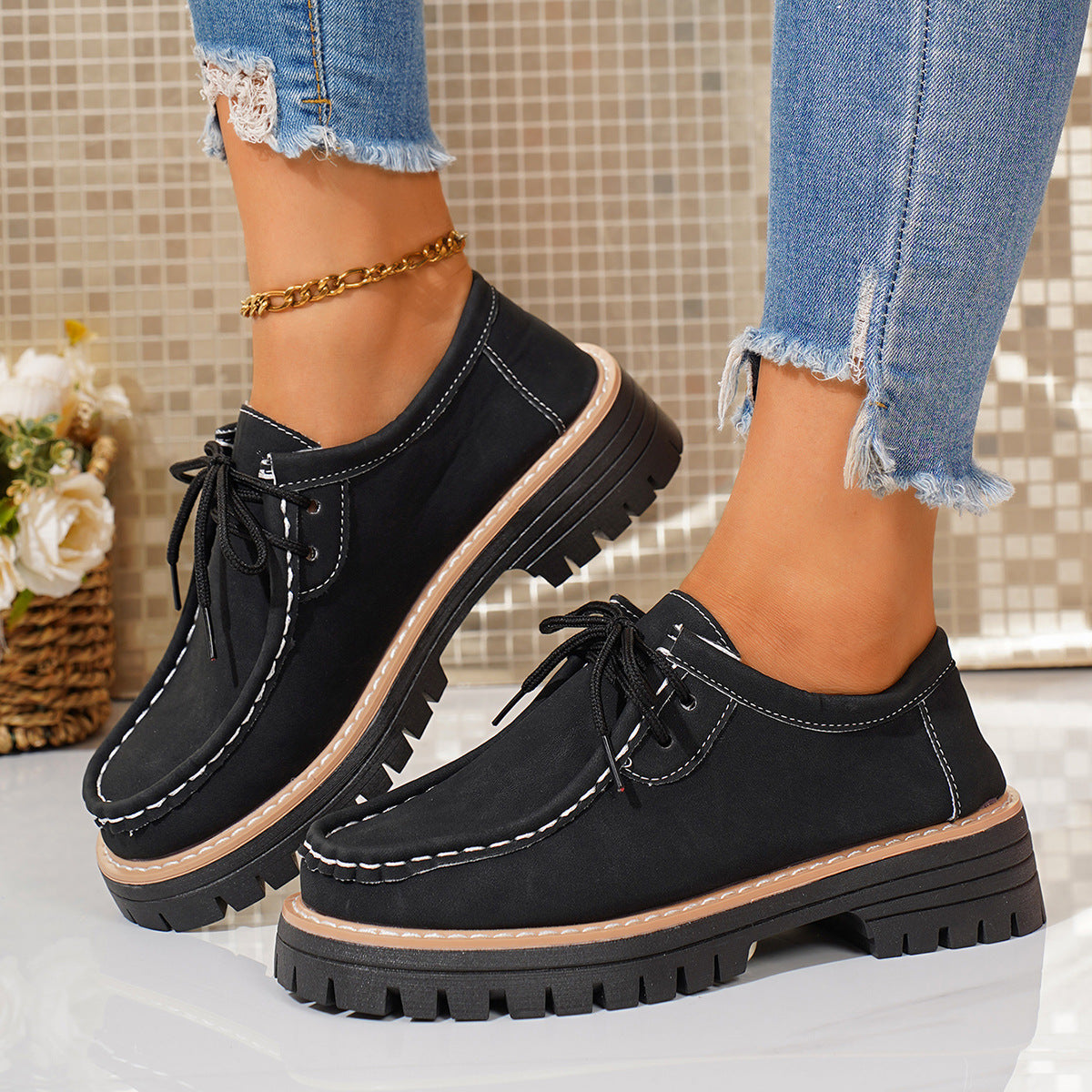 Damen Schnürschuhe Robustes Profil Feines Leder Schwarz