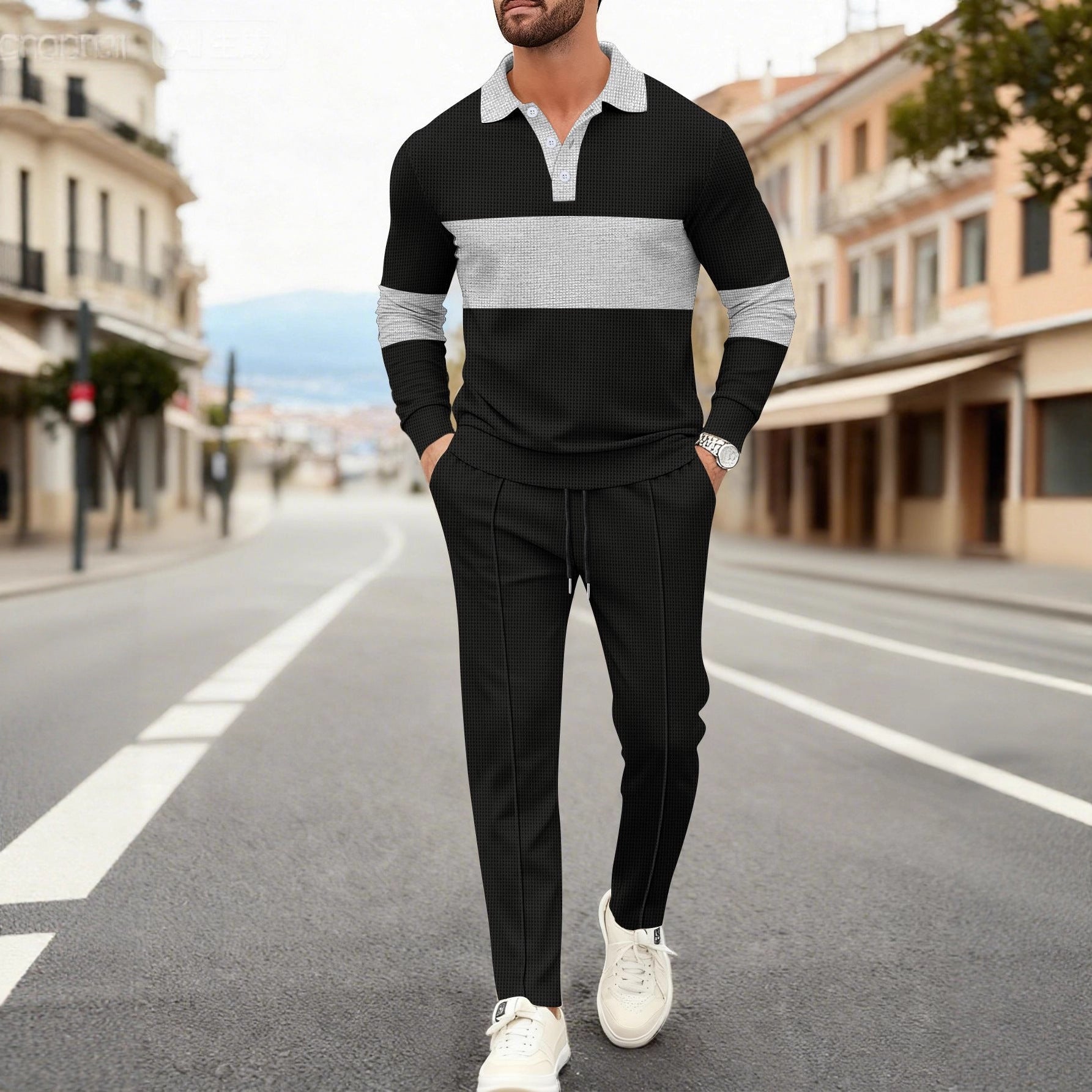 Herren Polohemd Langarm Modern mit Jogginghose Set - BerlinGlamour