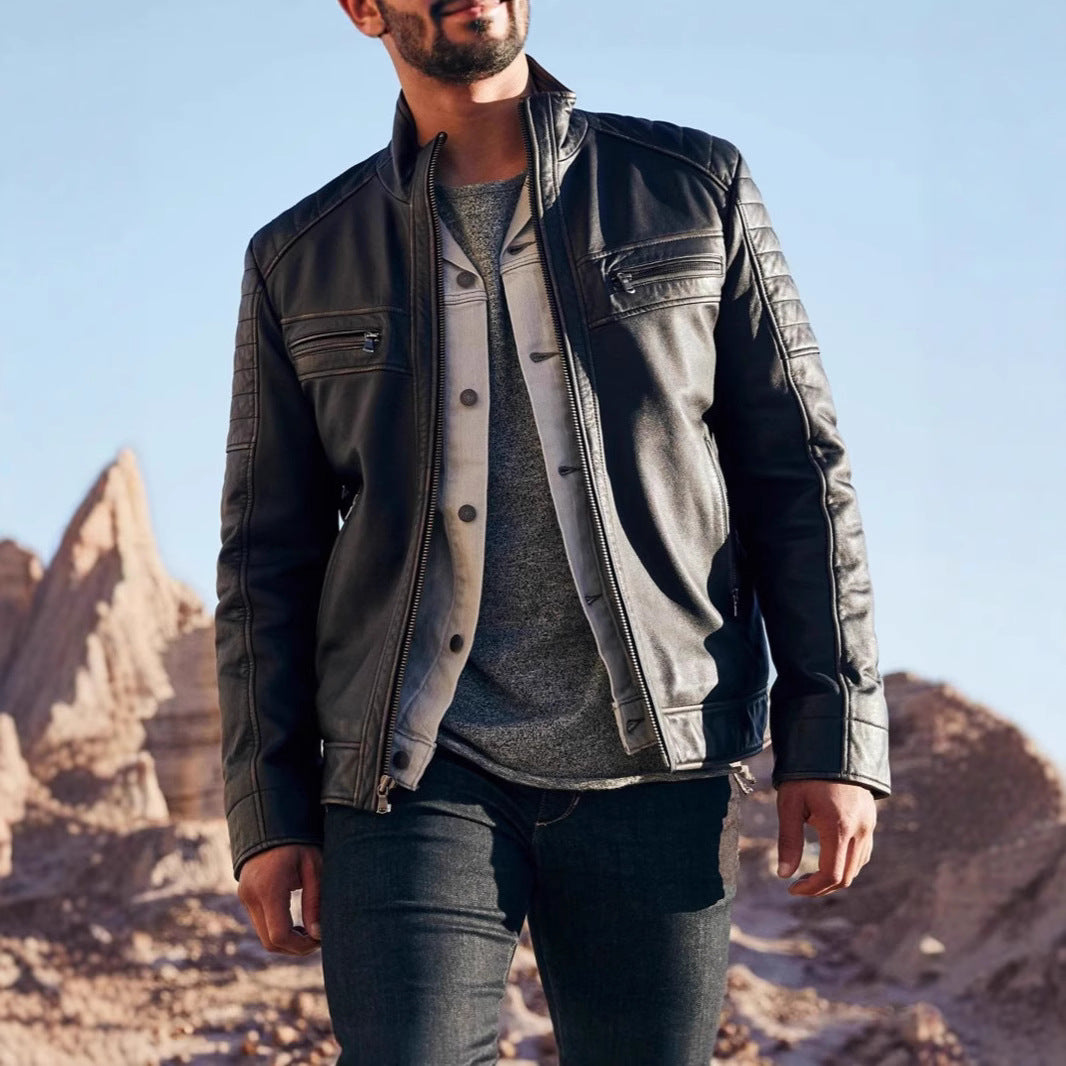 Leder Bikerjacke Herren Stepp-Design mit Taschen Schwarz - BerlinGlamour