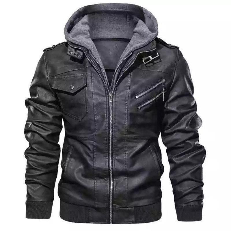 Lederjacke Herren Lässig Mit Kapuze Mehrere Taschen