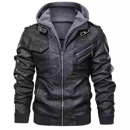 Lederjacke Herren Lässig Mit Kapuze Mehrere Taschen