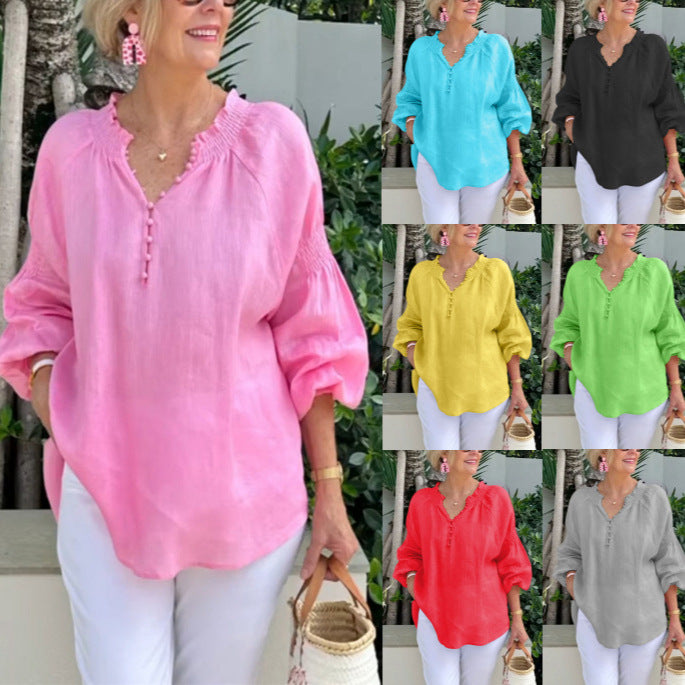Damen Bluse Leicht Elastisch Puffärmel Knöpfe