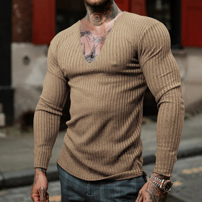 Herren Langarmshirt V-Ausschnitt Feine Rippstruktur Modern
