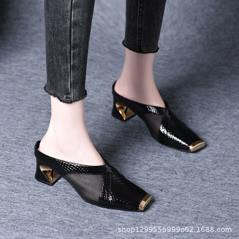 Damen Mules Blockabsatz Schuhe Modisch Heidi Stil