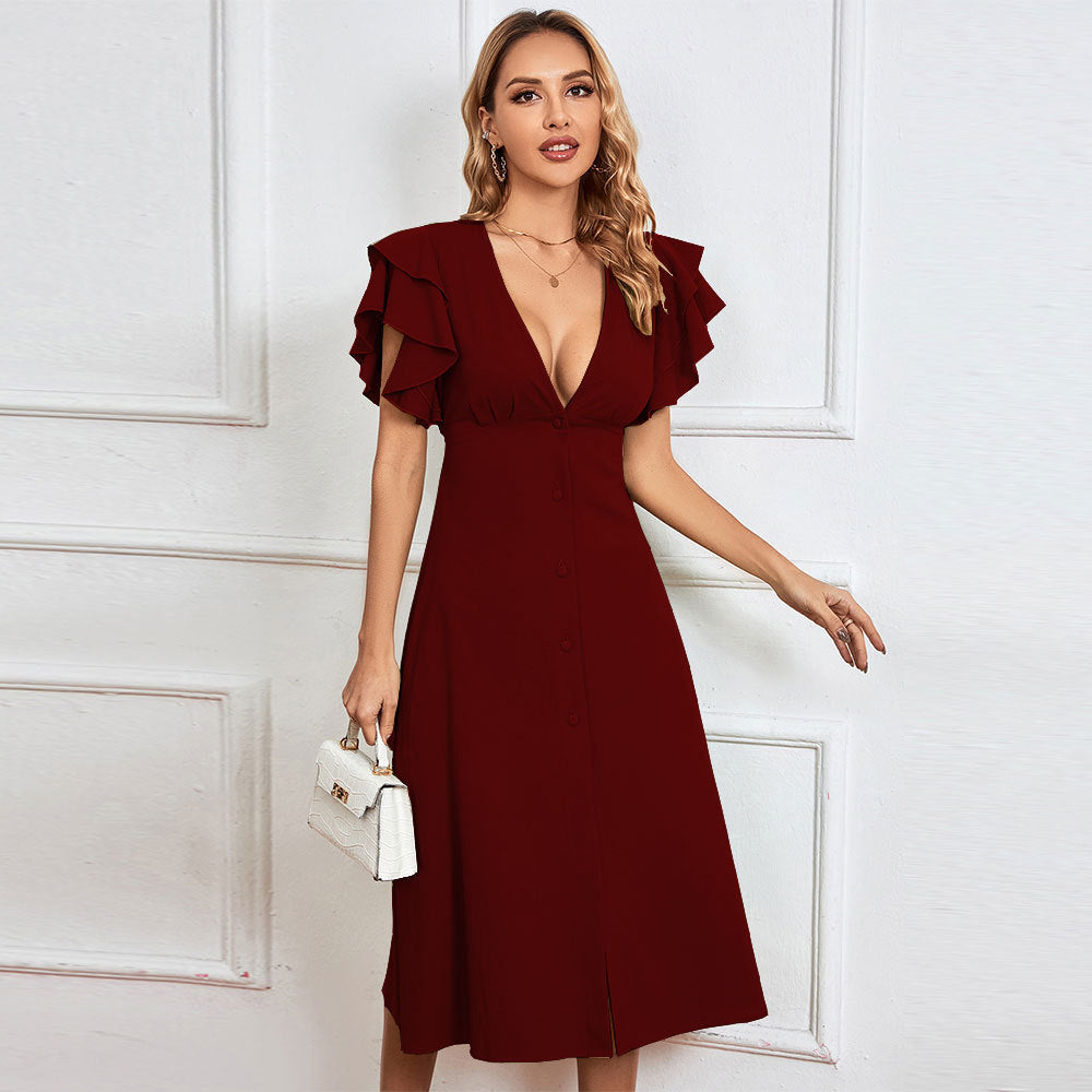 Damen Kleid V-Ausschnitt Rüschen Midikleid Elegant