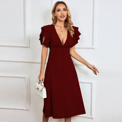 Damen Kleid V-Ausschnitt Rüschen Midikleid Elegant