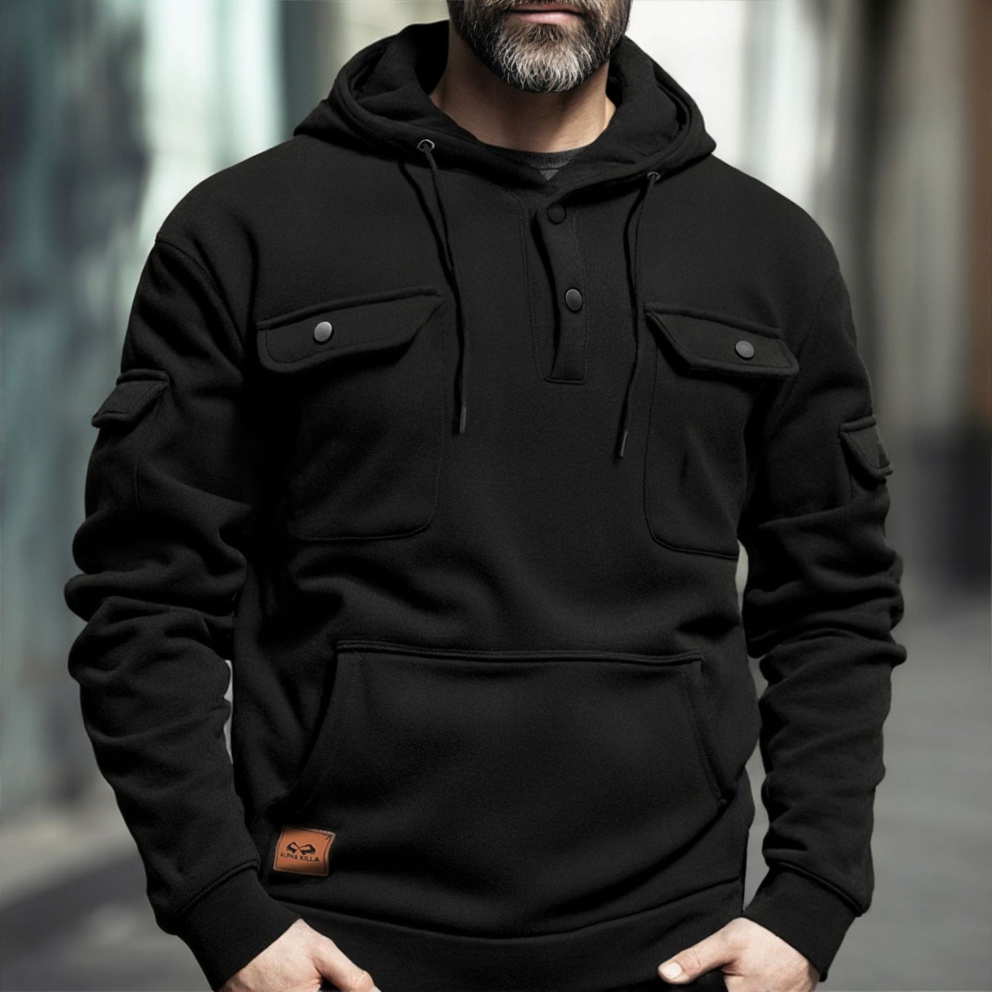 Herren Fleece Hoodie Warm mit Brusttasche Modern