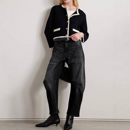 Damen Hohe Bund Jeans Hose mit Taschen