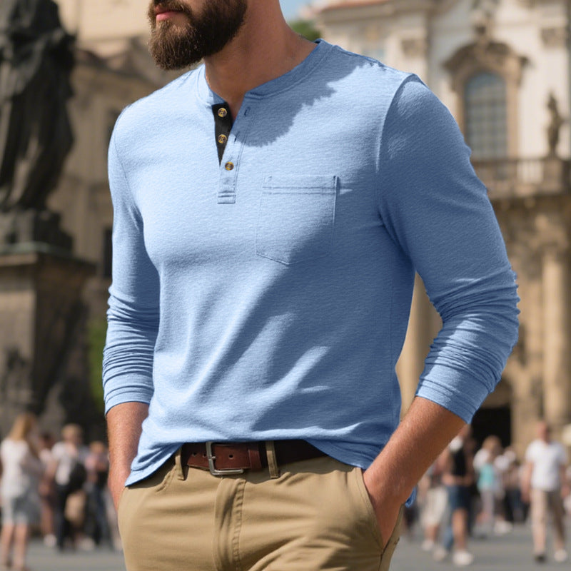 Herren Langarmshirt Weich Baumwolle Mit Brusttasche