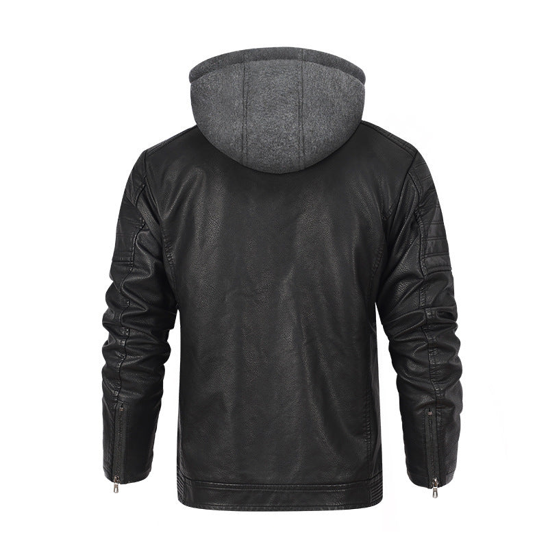 Herren Lederjacke mit abnehmbarem Kapuzenfutter Schwarz Ledermantel
