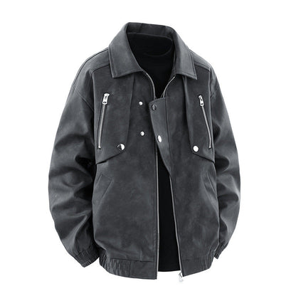 Herren Lederjacke Oversize Stil mit Taschen Schwarz Modern