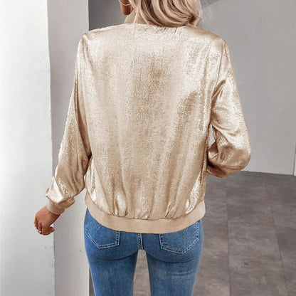 Glitzernde Damen Bomberjacke Elastisch Trendy Style
