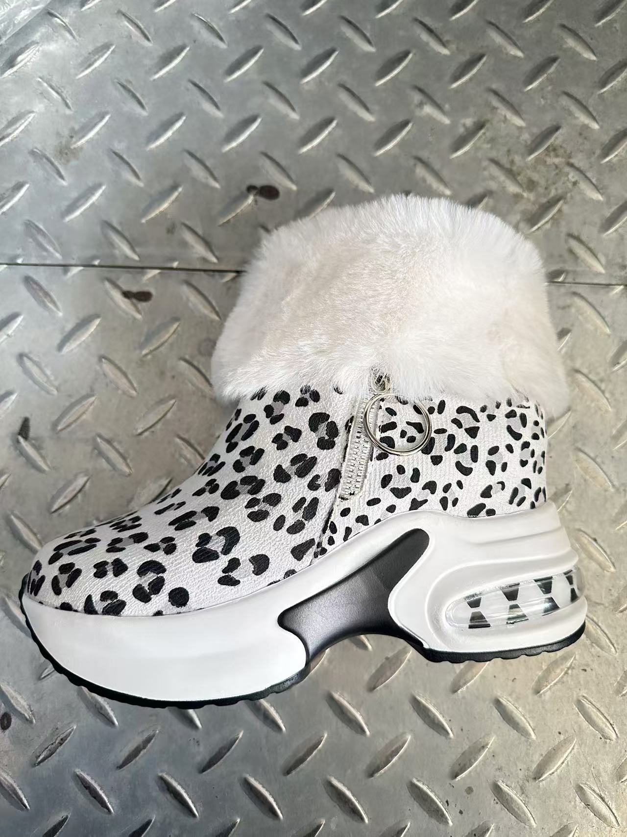Damen Stiefel Sneaker mit Weichem Fellkragen Trendy Reißverschluss
