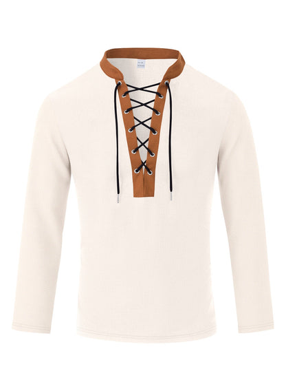 Herren T-Shirt Langarm Modern Schnürung Melange Look