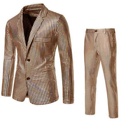 Herren Disco-Anzug Glitzernd Quadratmuster Partyanzug