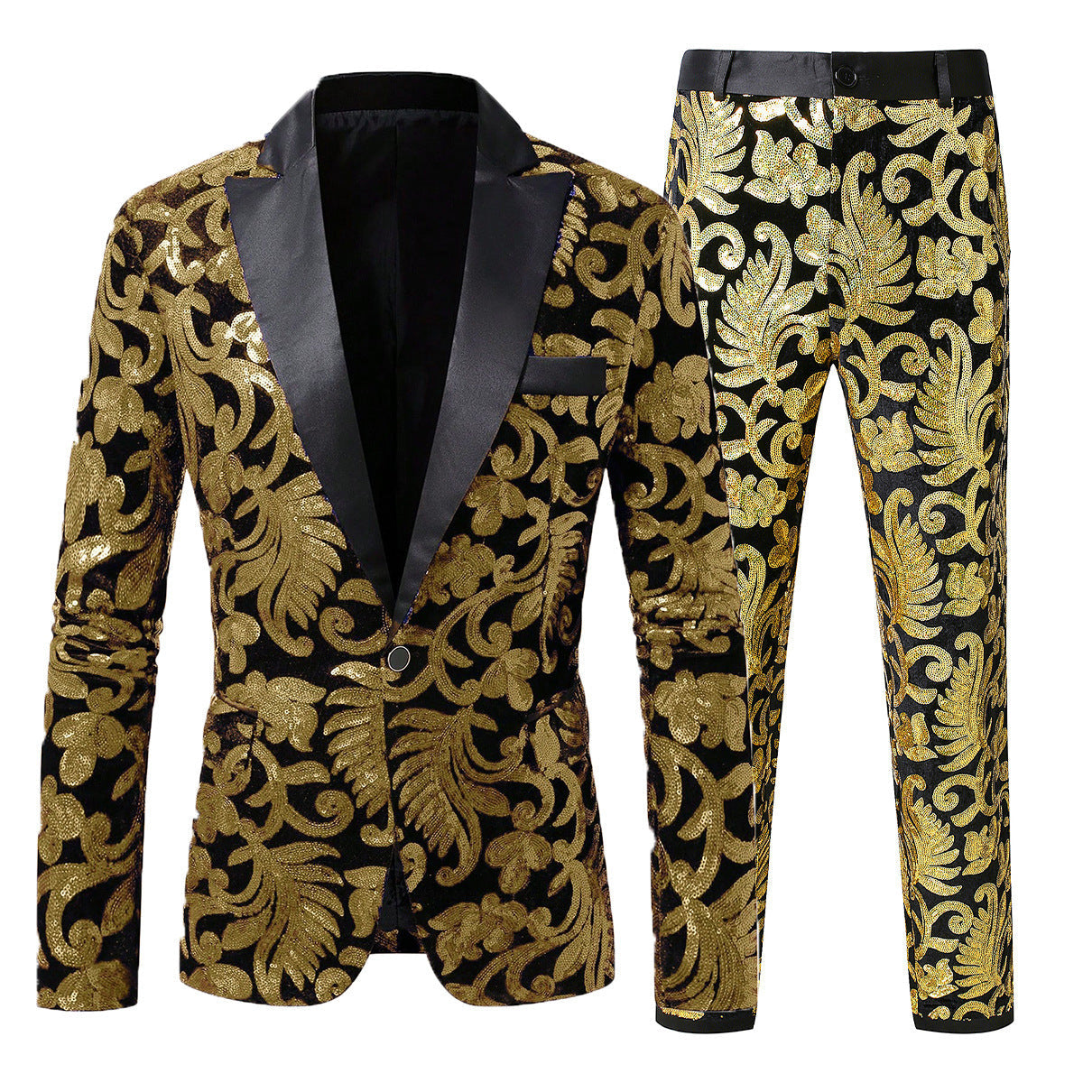 Herren Anzugset Pailletten mit Blumenmuster Elegant Schwarz