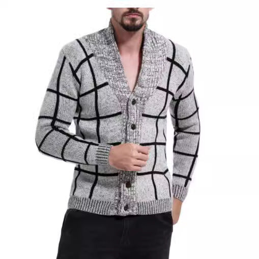 Herren Strickjacke Modern V-Ausschnitt Karomuster Schwarz