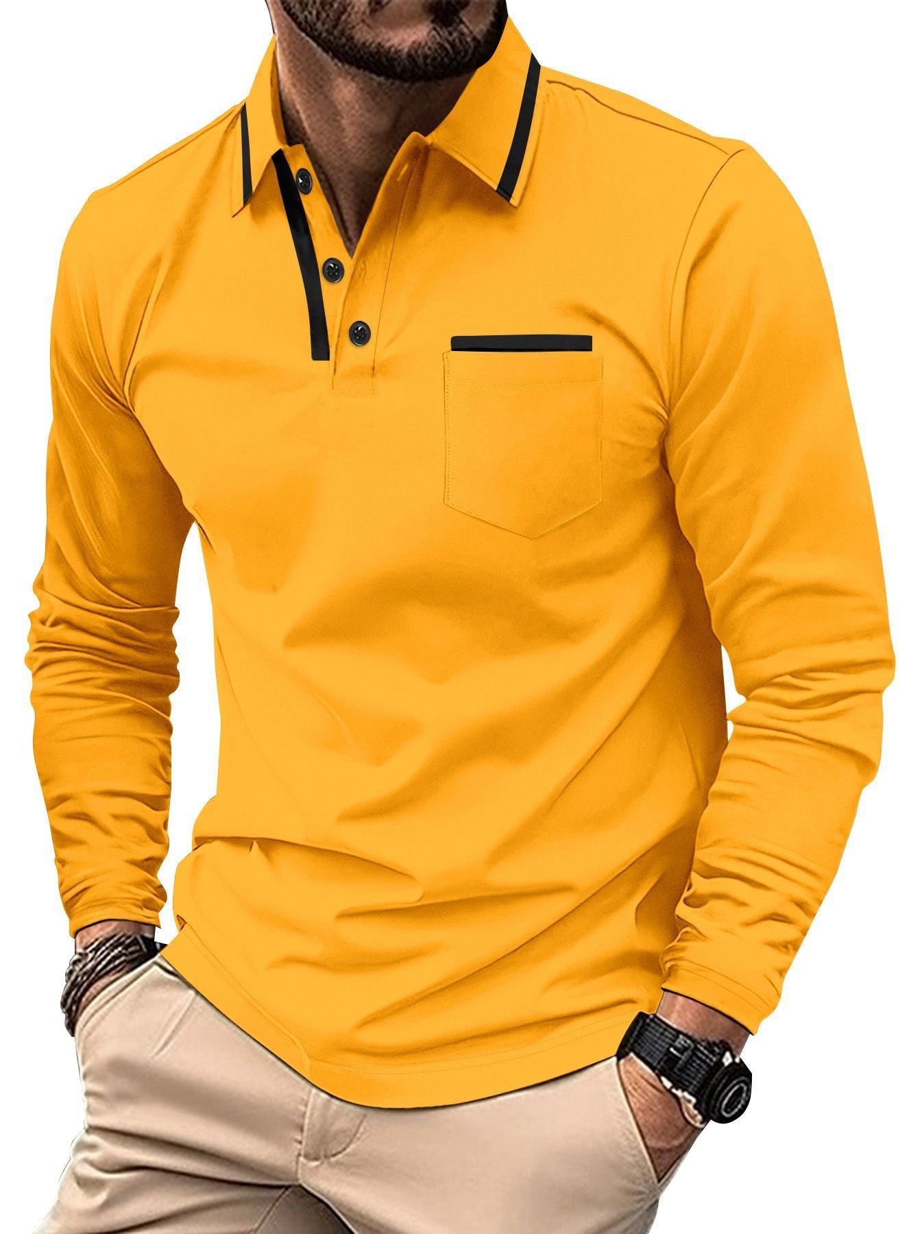 Herren Polohemd Langarm Elegant Kontrastdetails Modern