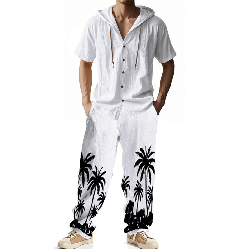 Herren Casual Set Kurzarm Hoodie Cargohose Palmenmuster