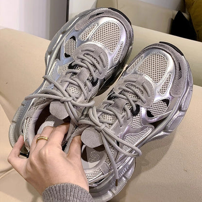 Damen Sneaker Sportlich Mesh Weiß Reflektierend