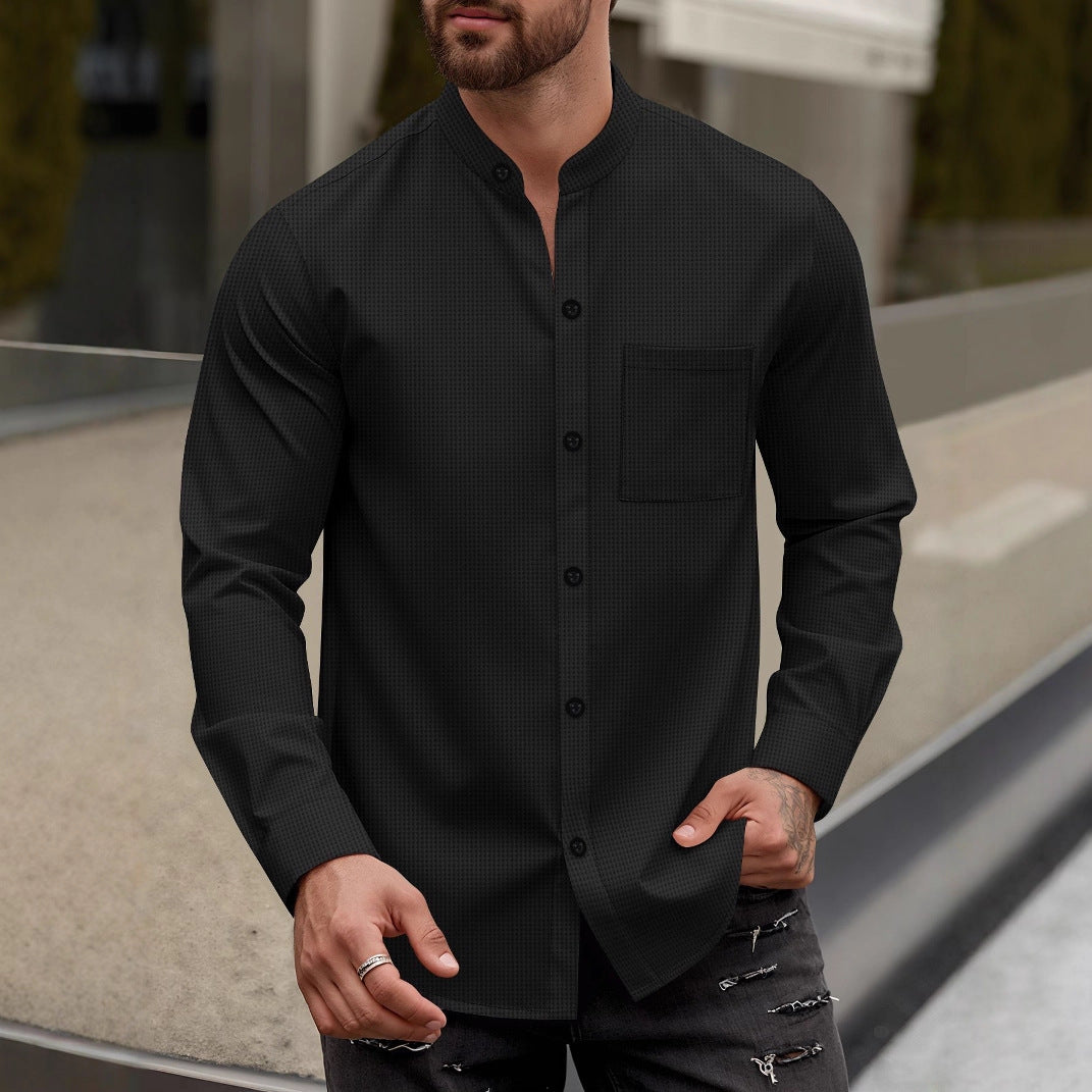 Herren Langarmhemd Modern Stehkragen Strukturiert Elegent