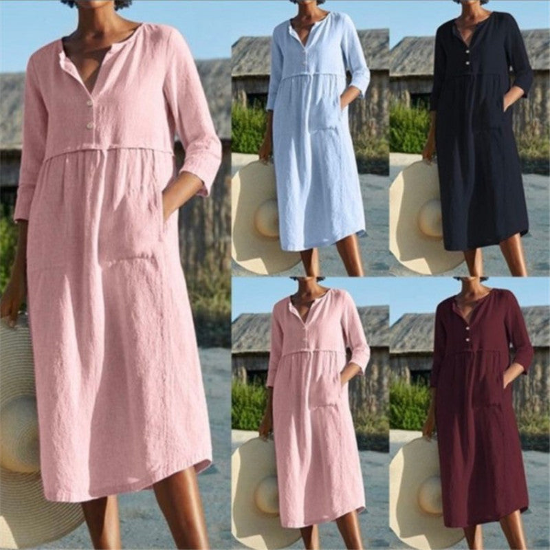 BerlinGlamour Baumwoll-Leinen Kleid mit mittel langen Ärmeln