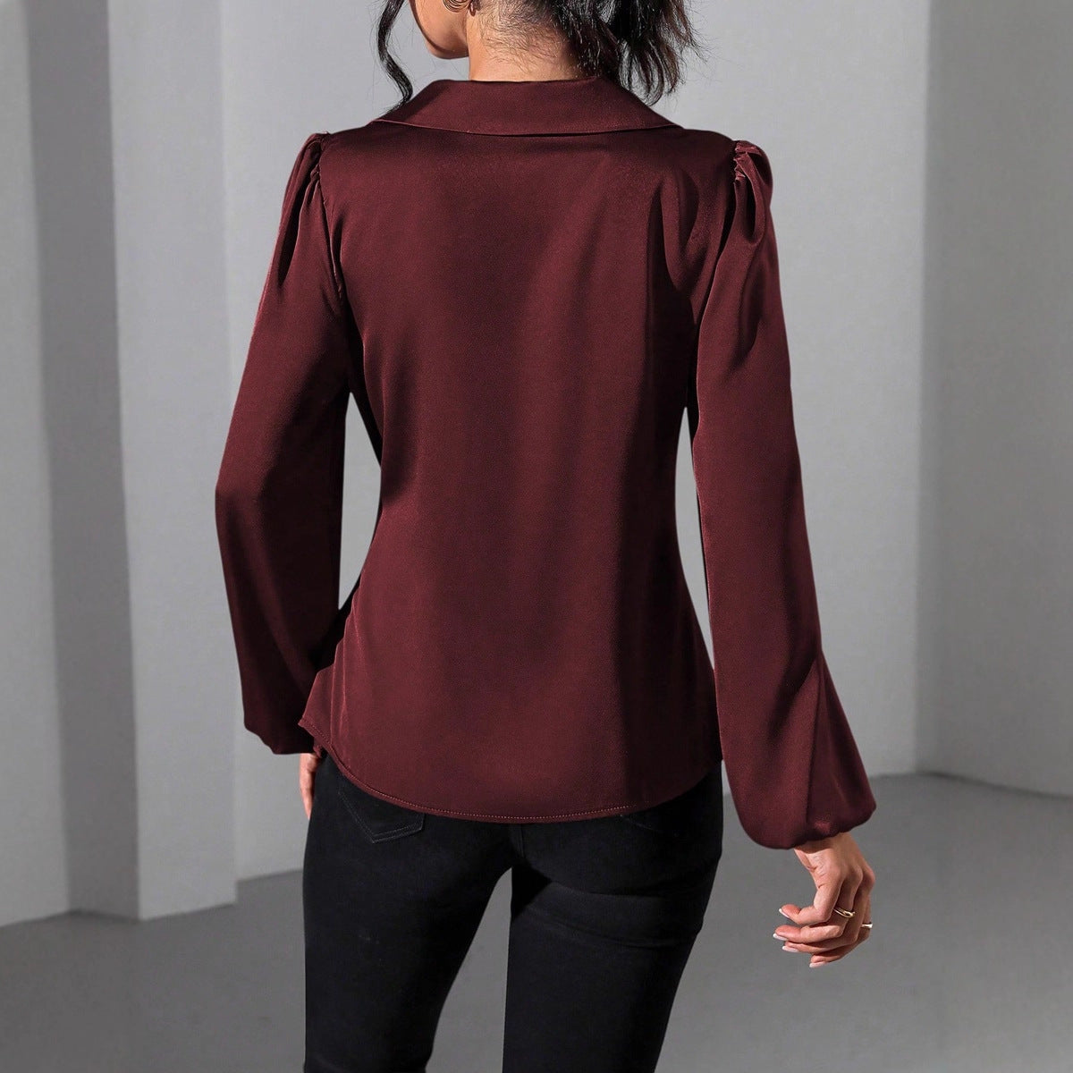 Damen Wickelbluse Elegante Puffärmel Taillengürtel