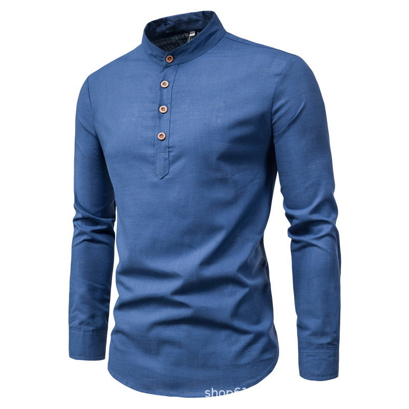 Herren Hemd Mandarin Kragen Holzknöpfe Elegantes Design