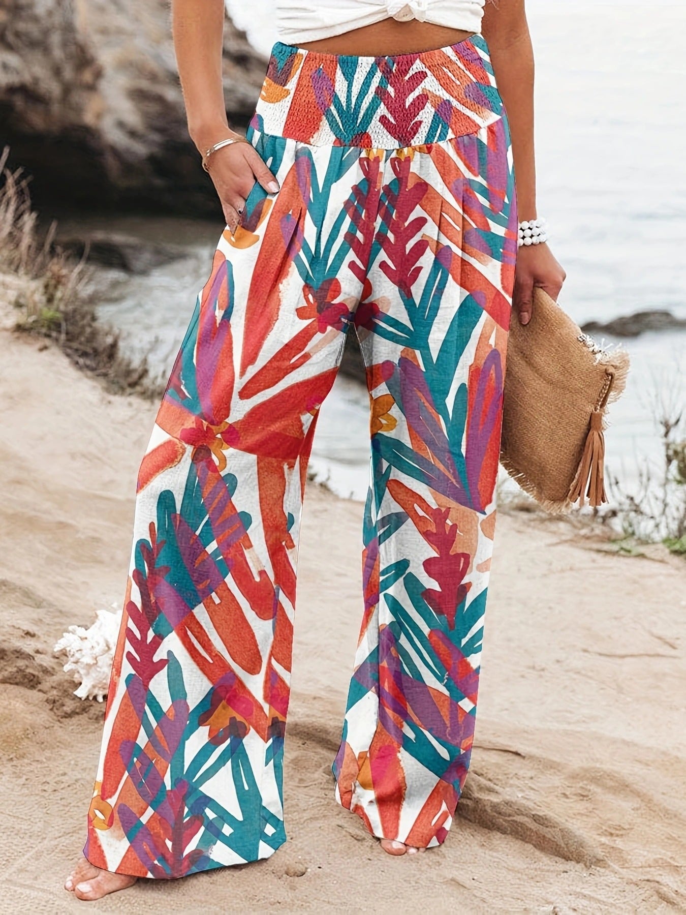 Damen Strandhose Weit Bequem Elastisch Floral