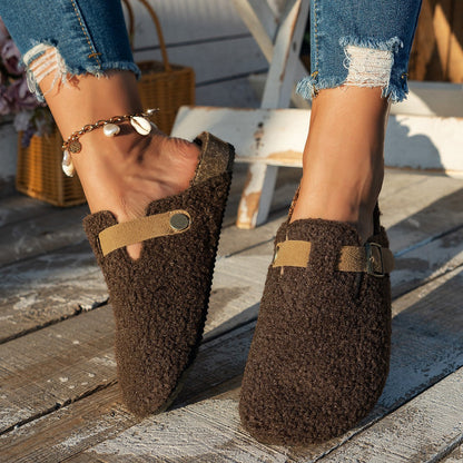Damen Hausschuhe Kuschelig Fell Schnallen Design Warm