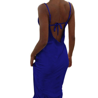 Damen Maxikleid Elegantes Satin Kleid mit Trägern Lang
