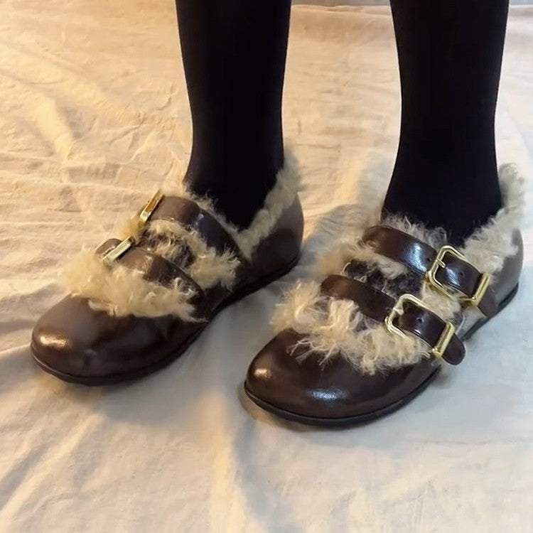Damen Clogs Kuschelig Kunstfell Schnallen Modisch