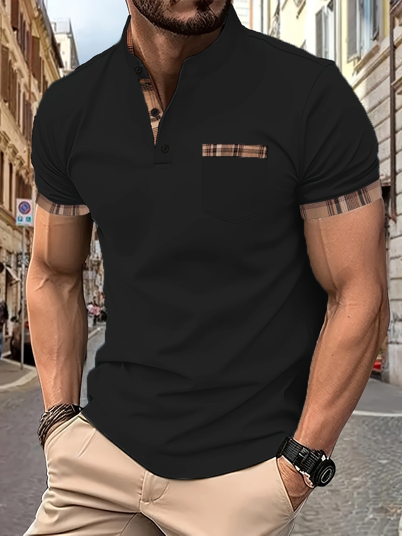 Herren Hemd Kurzarm Stehkragen Karomuster Modern