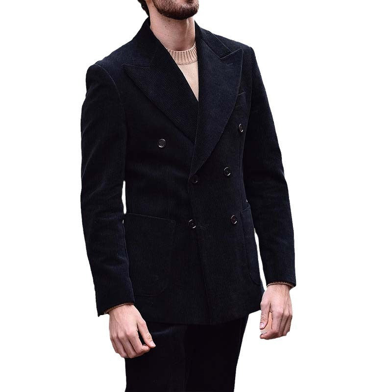 Herren Blazer Cord Elegant Mit Taschen Schwarz