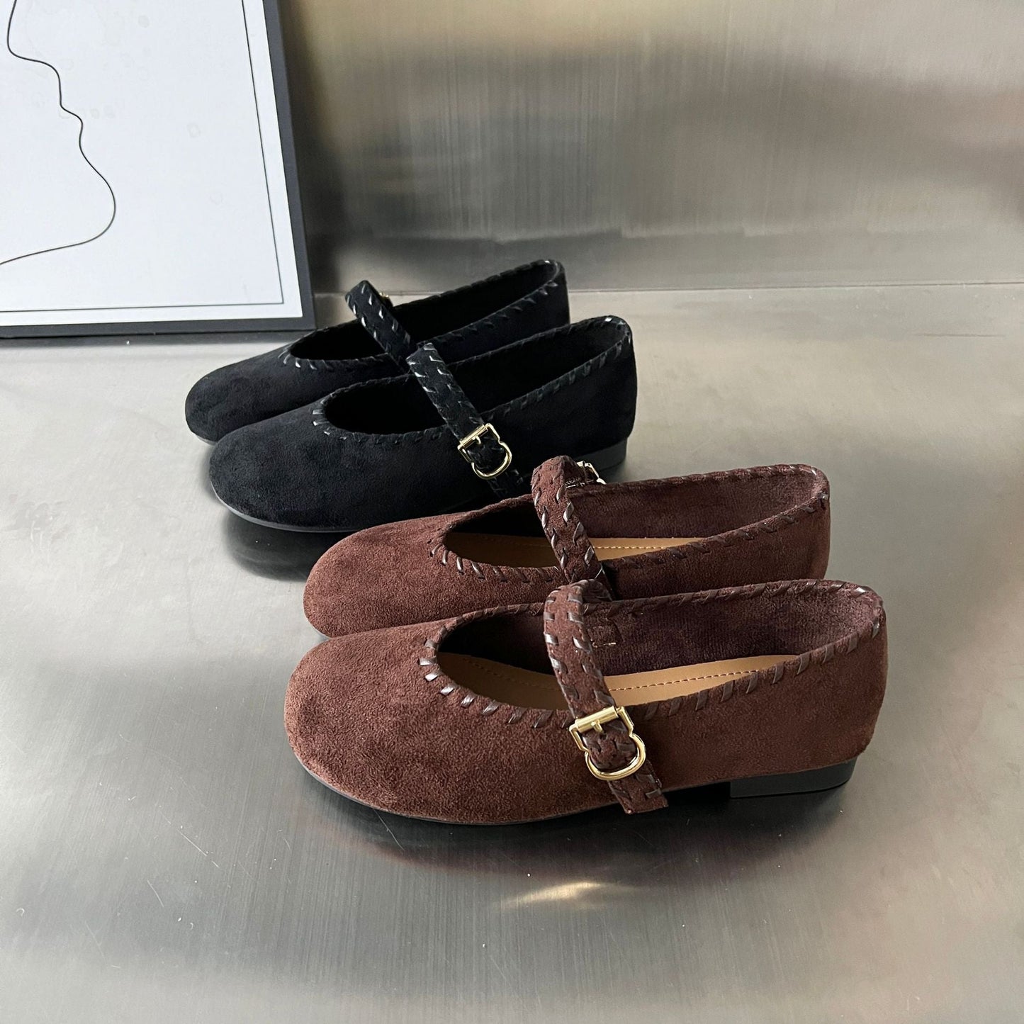 Damen Ballerinas Elegante Velourschuhe mit Riemen