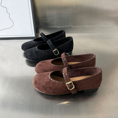 Damen Ballerinas Elegante Velourschuhe mit Riemen