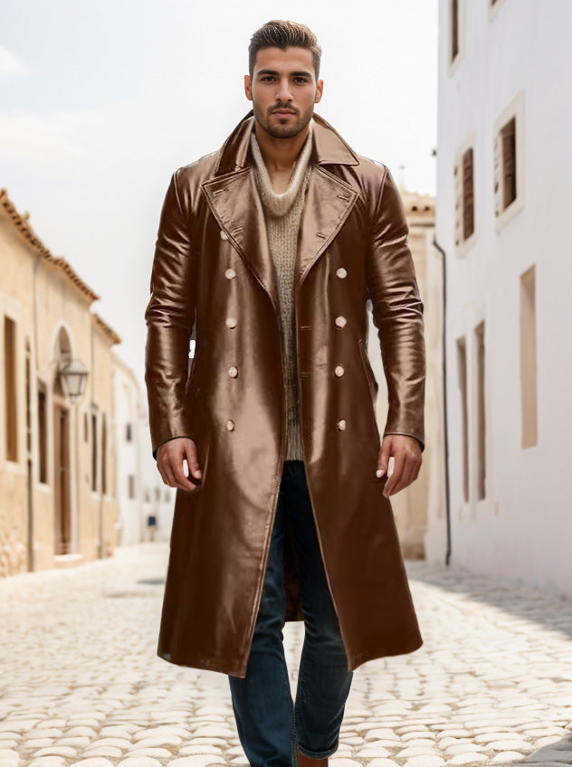 Eleganter Herren Ledermantel Modern Schwarz
