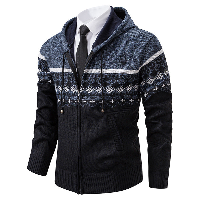 Herren Strickjacke Kapuze Jacquard Muster Modern