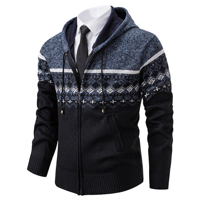 Herren Strickjacke Kapuze Jacquard Muster Modern
