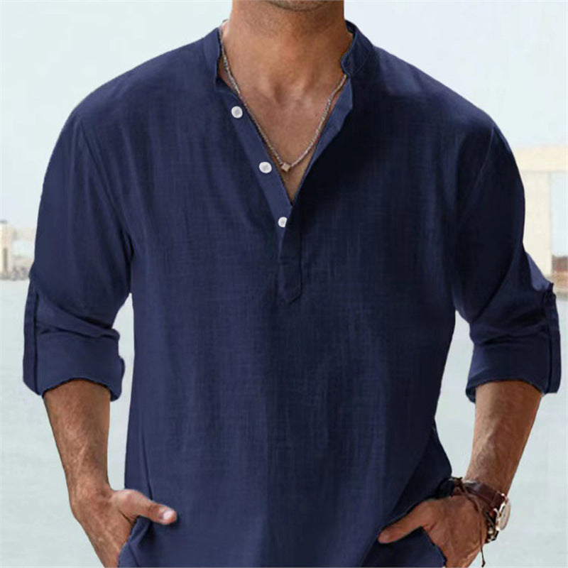 Herren Henley-Shirt Langarm Baumwolle Lässig Knopfverschluss