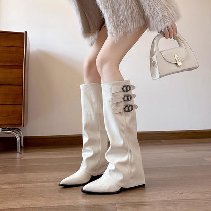 Damen Stiefel Überknie Schnalle Leder Schwarz Mode