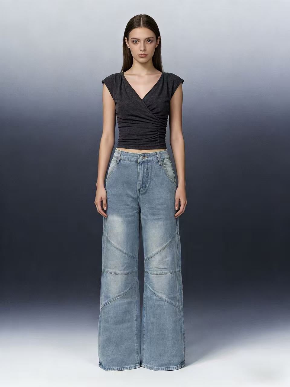 Damen Jeanshose Weite Bein Asymmetrisch Schnitt