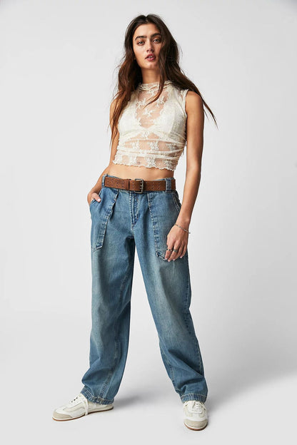 Damen Jeans Weite Bequem mit Gürtel und Taschen