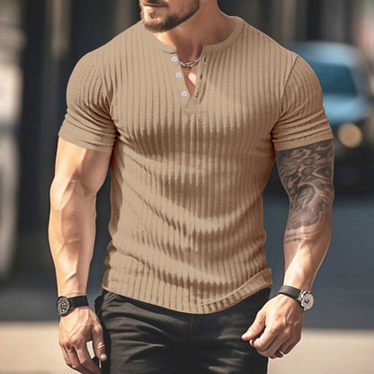 Herren Rippenshirt Kurzarm Henley Ausschnitt Modern