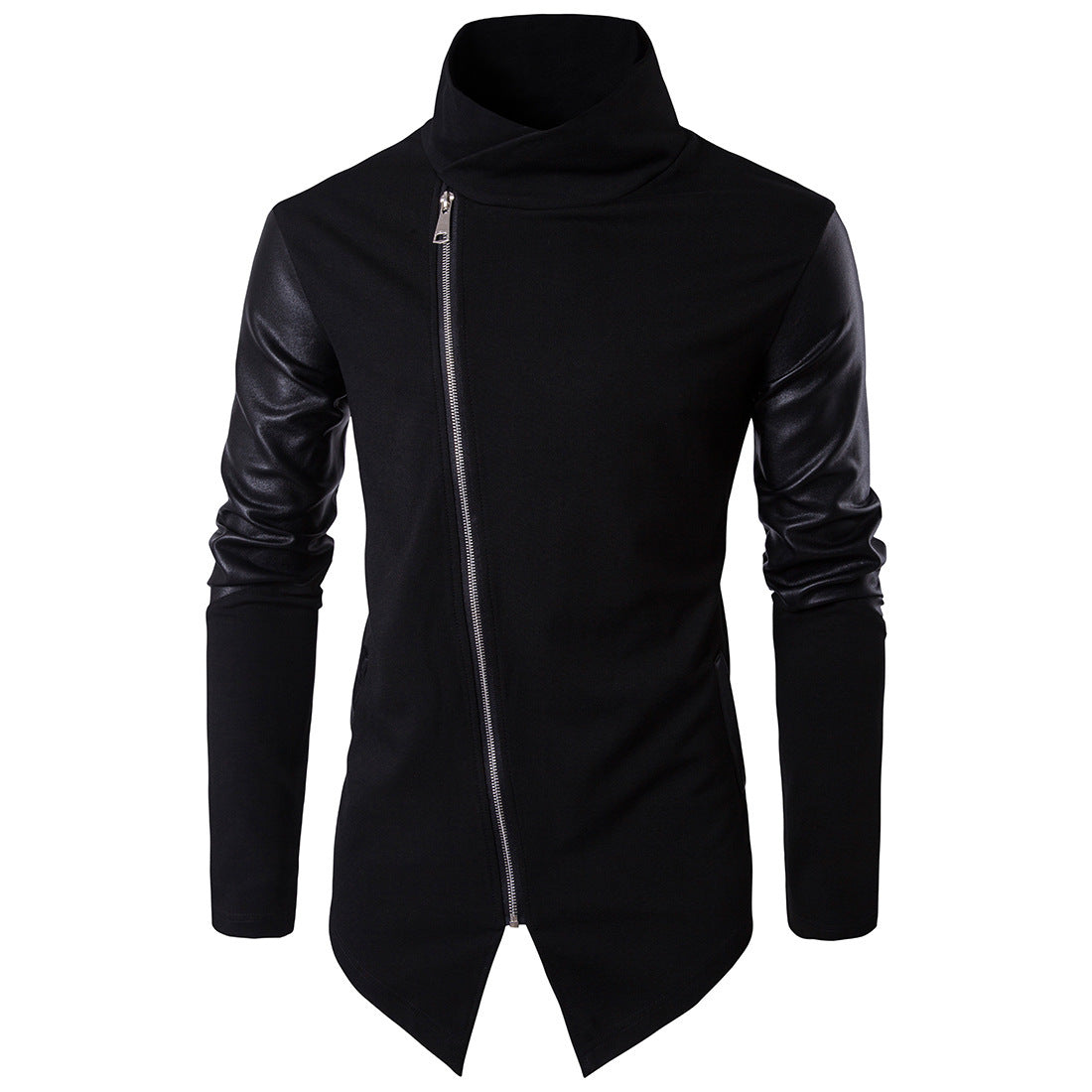 Herren Lederjacke Asymmetrisch Mit Kontrastärmeln Modern