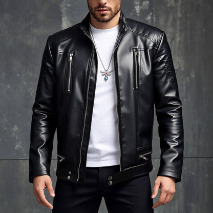 Herren Lederjacke Biker Style Asymmetrisch Schwarz Modern - BerlinGlamour